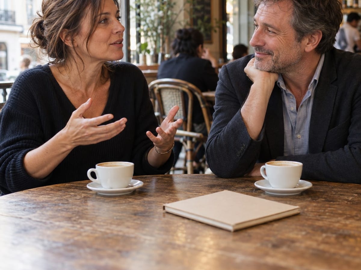 Deux personnes en conversation autour d’une table de café